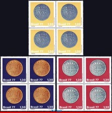 1523-25 BRAZIL 1977 BRAZILIAN COLONIAL COINS, MI# 1615-17 C-1002-04, BLOCKS MNH