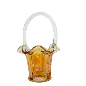 50th Anniversary Gift Fenton Amber Glass Hand Blown Basket Etched No Names Small - Picture 1 of 8