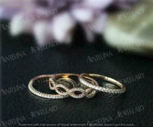 3.00 Ct Simulated Round Diamond Trio Wedding Ring Set 925 Sterling Silver Plated - Picture 1 of 9