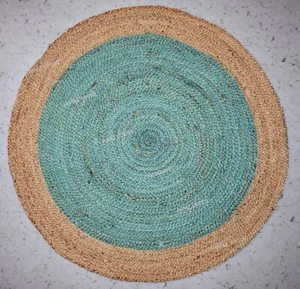Jute Rug Round Turquoise with beige Border Handmade Jute Carpet Living Room Rug - Picture 1 of 7