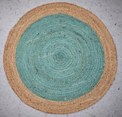 Jute Rug Round Turquoise with beige Border Handmade Jute Carpet Living Room Rug - Image 1 of 4
