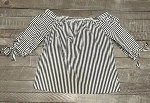 Michael Kors Off Shoulder Top Striped Gray White Tie Sleeves Size M - Picture 1 of 8