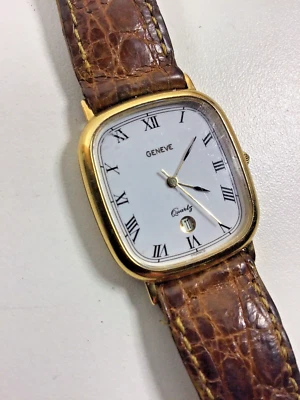 Geneve Mens Gold Tone Quartz Watch Date Roman Numerals 553413 New Battery France - Image 1 of 4