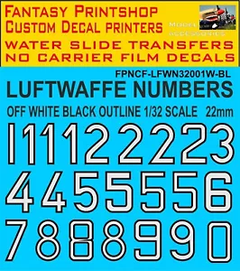 German Luftwaffe Code Numbers OFF WHITE BLACK OUTLINE DECALS TRANSFER 20mm 1/32 - Picture 1 of 4