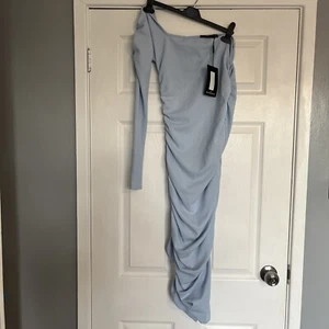 Pretty Little Thing Dusty Blue One Shoulder Ruched Detail Midi Dress Size 8 BNWT - Picture 1 of 7