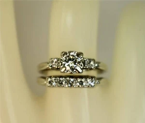 1Ct White Round Simulated Diamond Vintage Reproduction Ring Set Solid 925 Silver - Picture 1 of 3