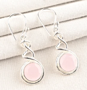 Rose Chalcedony Gemstone 925 Sterling Silver Handmade Jewelry Earrings 1.67" - Picture 1 of 6