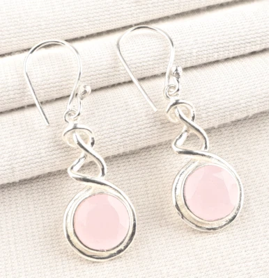 Pendientes de joyería hechos a mano de plata de ley 925 con piedras preciosas de calcedonia rosa 1,67" Foto 1 de 4