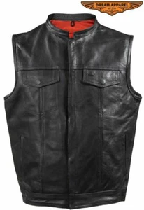 Men's Motorcycle Club Leather Vest w/Red Lining Button-Snap Closure Multi Pocket - Foto 1 di 9