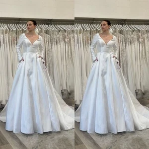 Simple Wedding Dress With Pockets V Neck Long Sleeves Satin Elegant Bridal Gowns - Picture 1 of 9