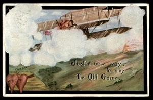 Postal Biplano con Pareja Volando, Nueva Forma de Jugar Juego Antiguo - Imagen 1 de 2