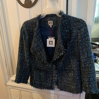 Blazer Chaqueta Forrada de Tweed Azul Bretón Borde con Flecos Anne Klein Nuevo con Etiquetas, Talla 6 Foto 1 de 4