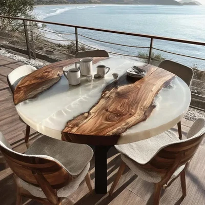 Mesa de comedor redonda epoxi blanca - Mesa de madera de resina hecha a mano personalizada | Decoración moderna Foto 1 de 4