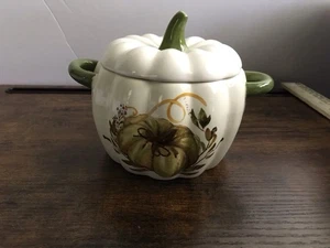 Pumpkin Shaped Ceramic Covered Bowl White With A Picture Of A Pumpkin On Side - Picture 1 of 10
