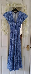 Pretty Blue White Floral Midi Shirred Petite Maxi Summer Dress S M L STRETCHY - Picture 1 of 8