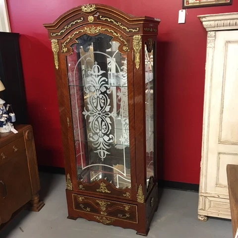 Ornate Burl Walnut French Style Display Cabinet With Brass Accents Glass Shelves Cover