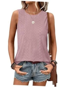 Womens Tank Tops Round Neck Sleeveless Shirts Flowy Loose Fit Basic Large Pink - Picture 1 of 6