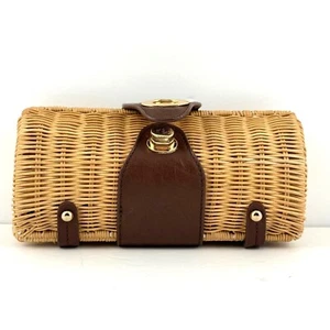 Woven Wicker Straw Gold Chain Brown Faux Leather Accents Clutch Purse Handbag - Picture 1 of 14