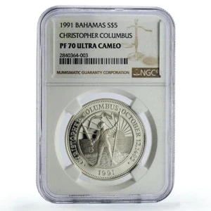 Bahamas 5 dollars Christopher Columbus Discovery KM-132 PF70 NGC Ag coin 1991 - Picture 1 of 2