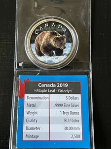 Maple Leaf 2019 0,9999 Fine Silver Coin Grizzly Colored Wildlife #3 coloriert selten - Bild 1 von 3