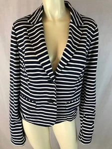 Inc Blazer L Cotton Navy White Striped Stretch Knit Unlined Pockets Button Front - Picture 1 of 10