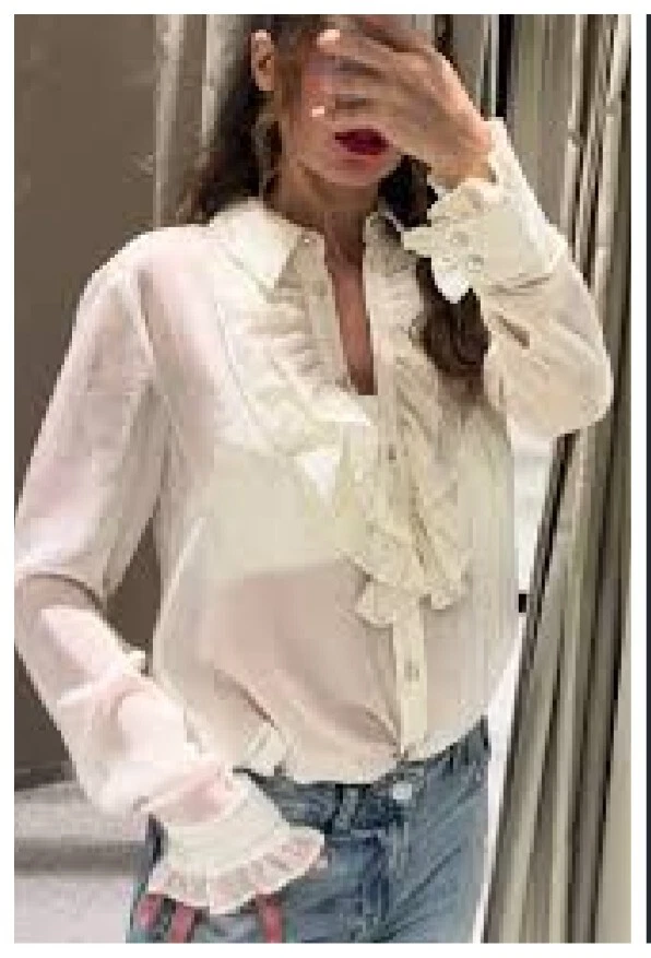 BLUSA ZARA SEMI TRANSPARENTE VOLANTES MANGA LARGA BOTÓN DORADO ROMÁNTICO 9878/061 XS NUEVA CON ETIQUETAS Foto 1 de 4