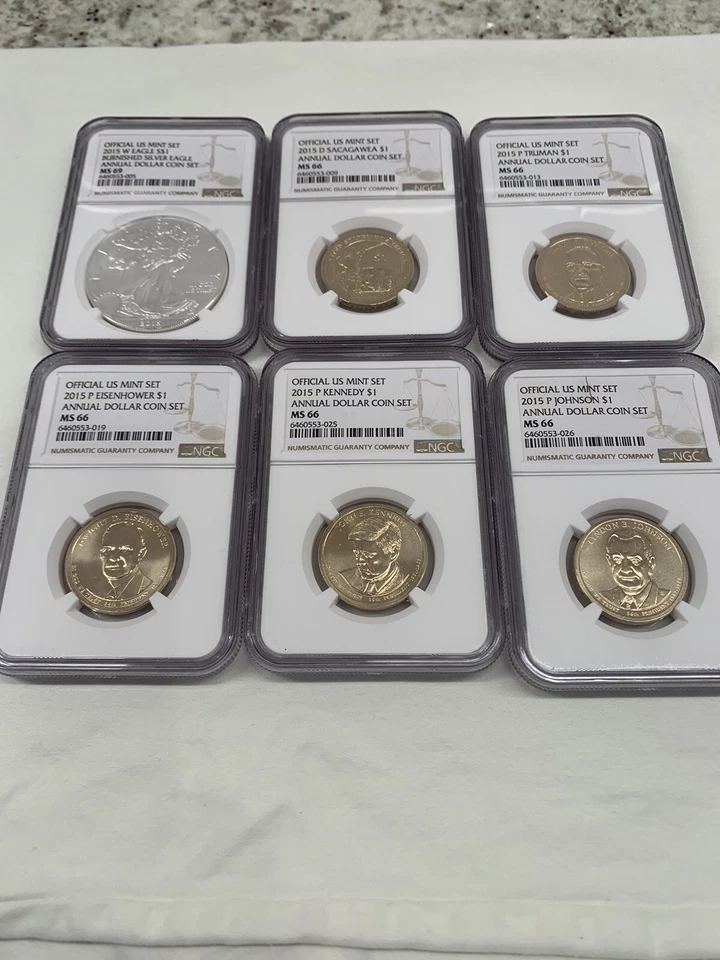 2015 ANNUAL DOLLAR COIN SET MS69 SILVER EAGLE & MS66 SACAGAWEA, PRESIDENTS. - Image 1 of 2