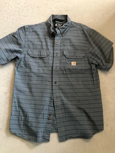 Carhartt Shirt Men's Medium Loose Fit Navy Blue Stripe Short Sleeve - Picture 1 of 4