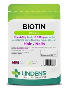 Lindens Biotin 90 Tablets 10000mcg Vitamin High Strength d-Biotin Supplement - Picture 1 of 2