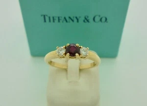 Authentic Vintage Tiffany & Co. Three Stone Ruby Diamond 18k Yellow Gold Ring - Picture 1 of 13