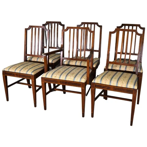 Antique Set of 6 Mahogany Inlaid Formal Dining Chairs #21673 Cover