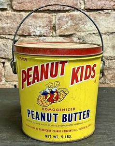 VINTAGE THE PEANUT KIDS PEANUT BUTTER 5 LB COLORFUL METAL CAN PAIL w/ RED LID - Picture 1 of 6
