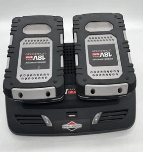 Lawn mower batteries and charger: Briggs and Stratton 2 x 18v 5AH - Excellent - Picture 1 of 17