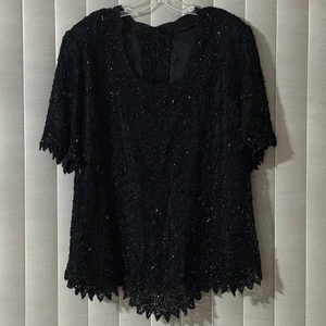 Vintage Laurence Kazar Bluse Damen Gr: 3X schwarz Spitze Perlen Pailletten formell Y2K - Bild 1 von 3