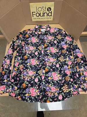 Camisa TUNEVUSE Rosa Púrpura Estampado Floral Negra LS Abotonada XL 100% Algodón Foto 1 de 4
