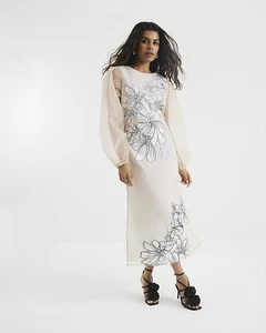 River Island Womens Maxi Dress Petite Cream Floral Applique Crew Neck Open Back - Picture 1 of 11