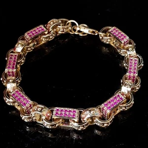 10mm Belcher Bracelet 8" Adjustable Oval Link Deep Pink Cz 18K Gold Layered - Picture 1 of 5