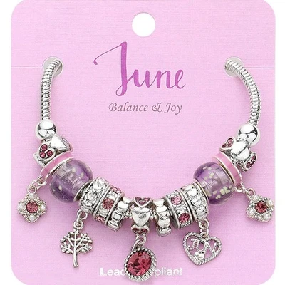 June Birthstone Charm Bracelet | Pink Crystal Beaded Jewelry for Women Gift Idea - Image 1 of 2