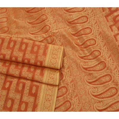 Sánskriti Vintage Naranja Saris Organza Tejido Artesanal Tela Premium 5... - Imagen 1 de 4