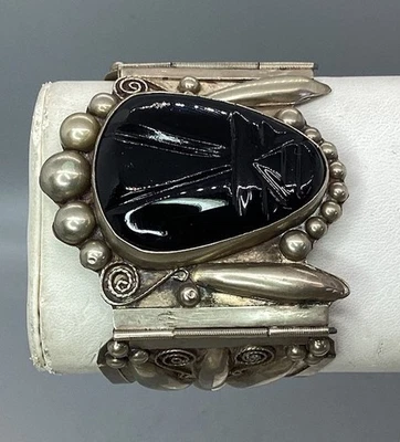 Mexico Aztec Black Onyx Mask Sterling Silver Bracelet - Image 1 of 4