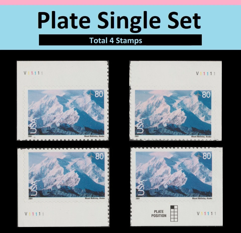 US C137 Airmail Mount McKinley Alaska 80c plate single set 4 V11111 MNH 2001 - Image 1 of 1