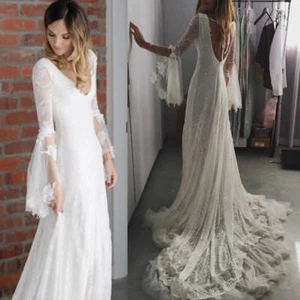 Boho V Neck Long Sleeves Lace Tulle Beach Wedding Dress Bridal Gowns 2 4 6 8 10+ - Picture 1 of 6