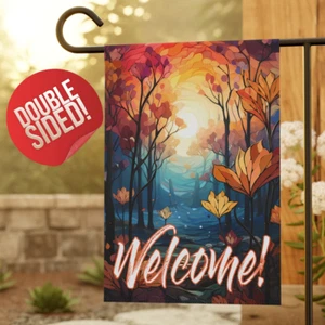 Gartenfahne Herbst Willkommen, bunter Wald, Blätter, Herbst, Sonnenuntergang, Geschenk für Sie - Bild 1 von 13