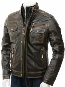 Giacca in pelle effetto invecchiato stile biker da uomo vintage moto da corsa - Foto 1 di 3