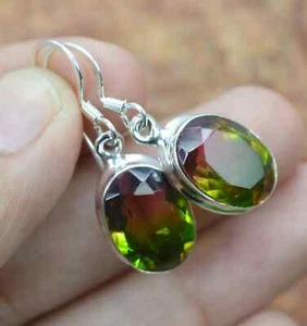 Solid 925 Sterling Silver Natural Watermalon Quartz Oval Cut Gemstone Earrings - Picture 1 of 4