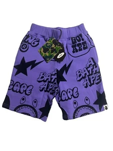 New A BATHING APE BAPE Kids Graffiti Pattern Sweat Shorts Purple 120 4-5 yr old - Picture 1 of 11
