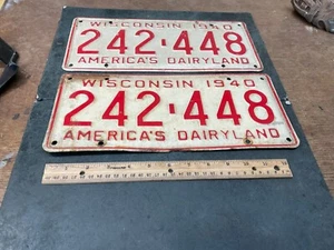 License Plate Tag Vintage Matching Pair 242 448 “America’s Dairyland” 1940 Rusti - Picture 1 of 10