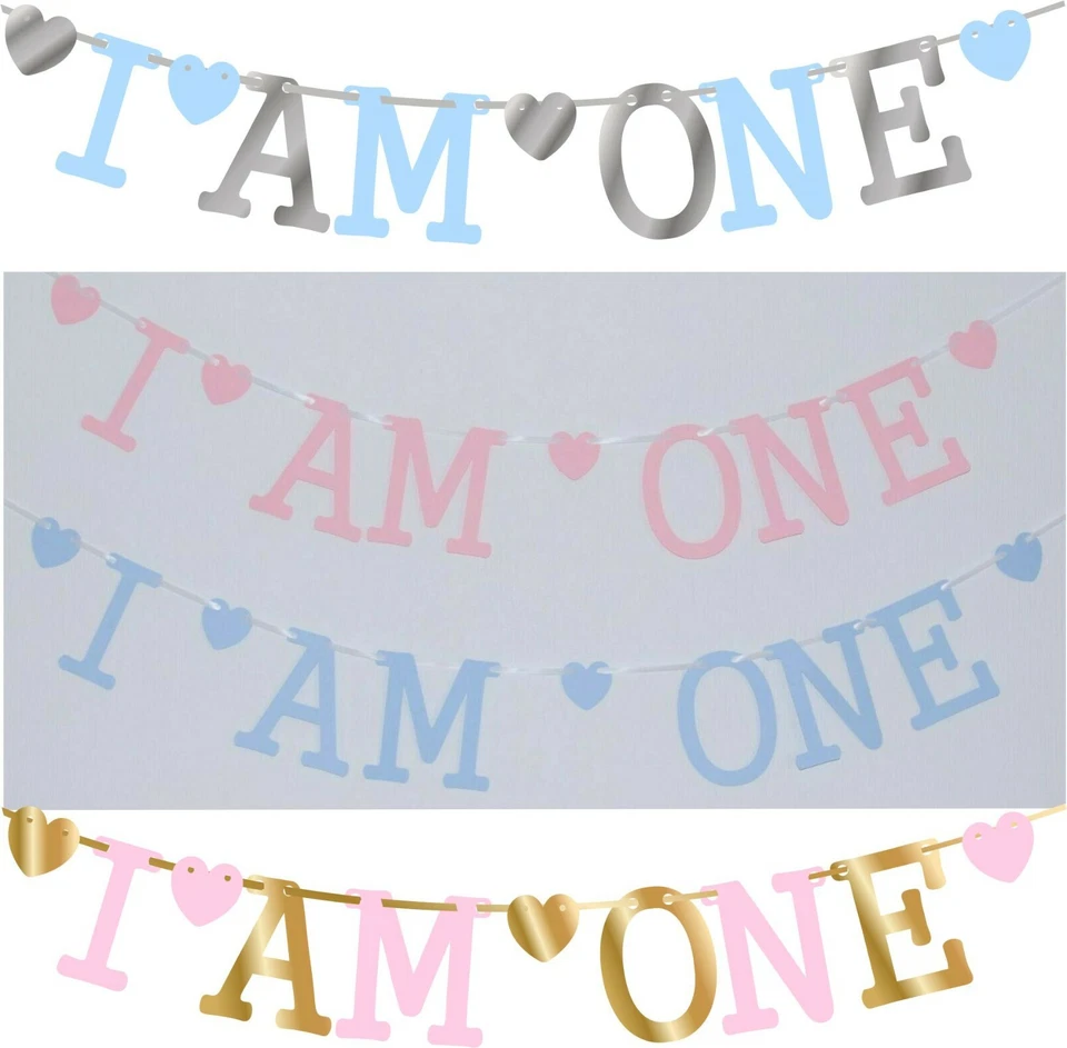 BANNER BOUTIQUE I AM ONE 1st Birthday banner GOLD PINK SILVER BLUE bunting decorations boys girl
