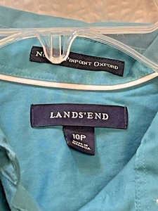 Land's End Shirt Petite Long Slve Button Down TEAL 100% COTTON Collared 10 10P - Picture 1 of 8