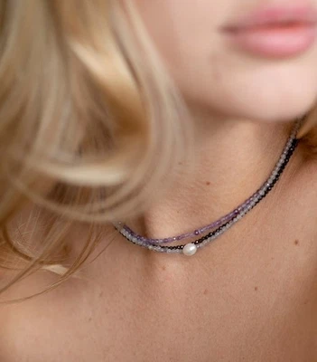 Pulsera mujer perlas, labradorita, espinela y amatista 4 cuentas de piedras preciosas 3 hebras Foto 1 de 4